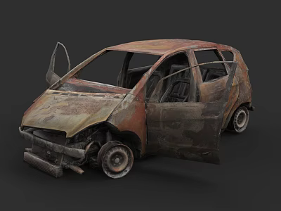 Rusted Abandoned Car with Open Doors and Damaged Exterior in Deteriorated Condition 3d model
