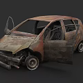 Rusted Abandoned Car with Open Doors and Damaged Exterior in Deteriorated Condition