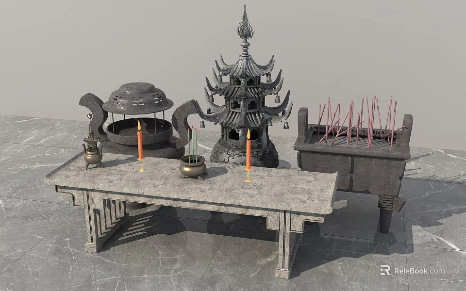 Traditional Chinese Incense Burners And Candle Holders On Gray Stone Table 3d model 