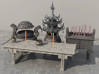Traditional Chinese Incense Burners And Candle Holders On Gray Stone Table 3d model