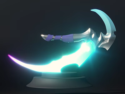 Glowing Ornamental Decoration Set With Purple Silver Scythe Shape And Blue Purple Light Base 3d model