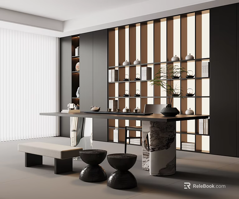 Modern Tea Room Interior Design With Wooden Lattice Wall Stone Countertop Table And Low Stools 3d model 