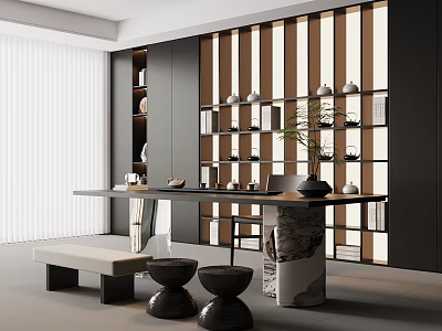 Modern Tea Room Interior Design With Wooden Lattice Wall Stone Countertop Table And Low Stools 3d model