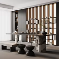 Modern Tea Room Interior Design With Wooden Lattice Wall Stone Countertop Table And Low Stools