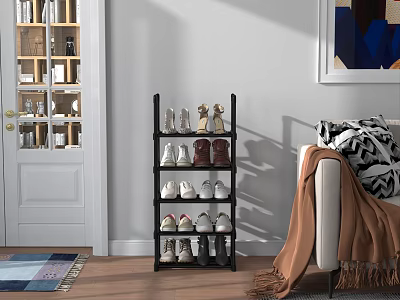 5 Tier Black Shoe Rack With White Brown Shoes In Modern Living Room Wooden Floor 3d model