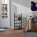5 Tier Black Shoe Rack With White Brown Shoes In Modern Living Room Wooden Floor