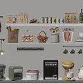 Organized Kitchenware Collection with Shelves Jars Bottles Spices and Counter Appliances Coffee Maker Mixer Kettle