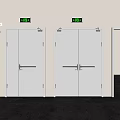 Gray Emergency Exit Doors With Fire Safety Equipment And Green Signs