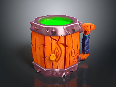 Wooden Barrel Shaped Mug with Spiked Edges Claw Handle and Green Liquid Inside 3d model