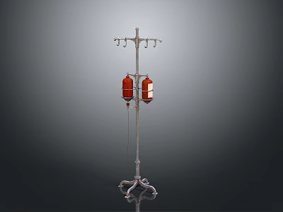 IV Stand With Red IV Bags In Medical Setting Featuring Metal Frame And Hooks 3d model