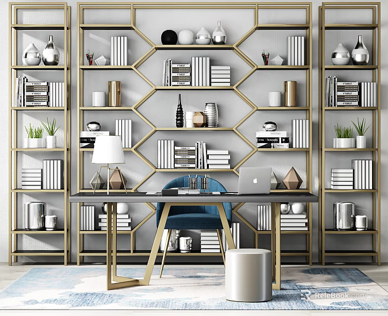 Elegant Modern Desk Setup With Golden Bookshelves Decorative Items And Potted Plants 3d model 