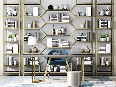 Elegant Modern Desk Setup With Golden Bookshelves Decorative Items And Potted Plants 3d model