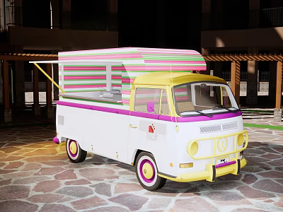 Vintage Food Truck With Colorful Striped Roof White Body And Yellow Front 3d model