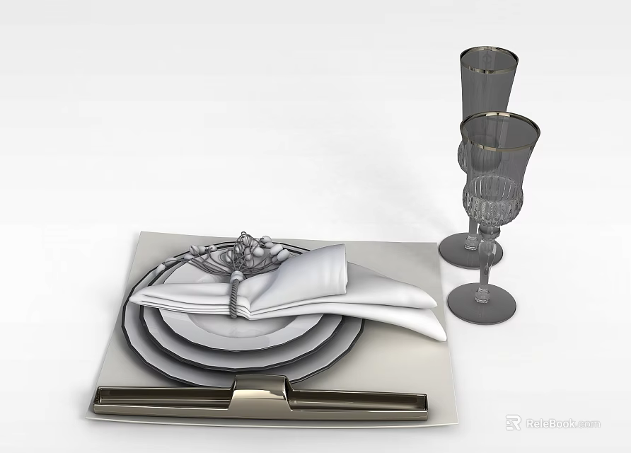 Tech Exhibition Hall Displaying Modern Minimalist Tableware Setup With Stacked Plates Napkins And Wine Glasses 3d model 