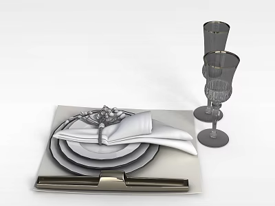 Tech Exhibition Hall Displaying Modern Minimalist Tableware Setup With Stacked Plates Napkins And Wine Glasses 3d model