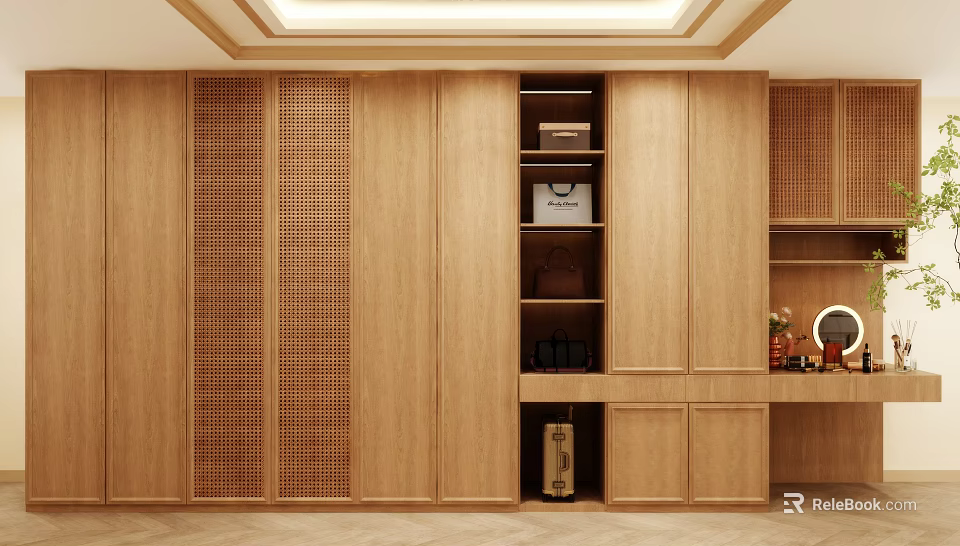 Modern Wooden Wardrobe With Lattice Doors Multiple Compartments And Storage Spaces 3d model 