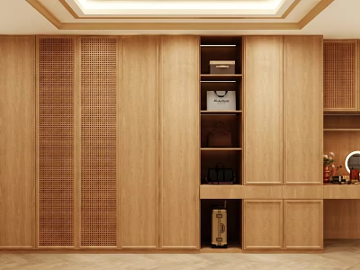 Modern Wooden Wardrobe With Lattice Doors Multiple Compartments And Storage Spaces 3d model