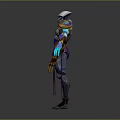Futuristic Mythical Creature With Silver Armor Golden Details Glowing Blue Accents And Purple Sashes
