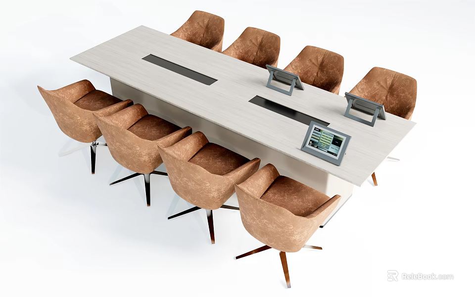 Modern Conference Table With Brown Chairs And Meeting Devices On Top 3d model 