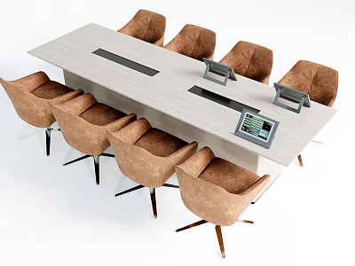 Modern Conference Table With Brown Chairs And Meeting Devices On Top 3d model