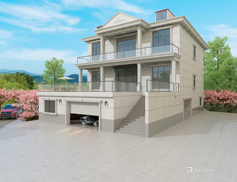 Two Story Detached Villa With Balcony Garage Front Staircase Pink Flowering Trees And Mountain View 3d model 