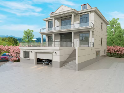 Two Story Detached Villa With Balcony Garage Front Staircase Pink Flowering Trees And Mountain View 3d model