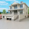 Two Story Detached Villa With Balcony Garage Front Staircase Pink Flowering Trees And Mountain View