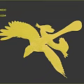 Blue Mythical Flying Creature With Expanded Wings Orange Tail Feathers In Dark Background