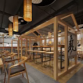 Modern Restaurant Interior With Wooden Tables Chairs And Pendant Lights Design