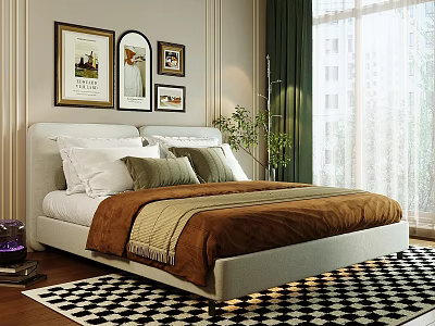 Double Bed Interior With Framed Wall Art Pillows Blanket Green Plant And Checkered Rug 3d model