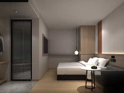 Modern Hotel Room Interior With King Bed Wooden Accents And Round Side Table 3d model