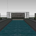 Modern Scenic Wall With Grid Design Lighting Trees And Water Pool In Landscape