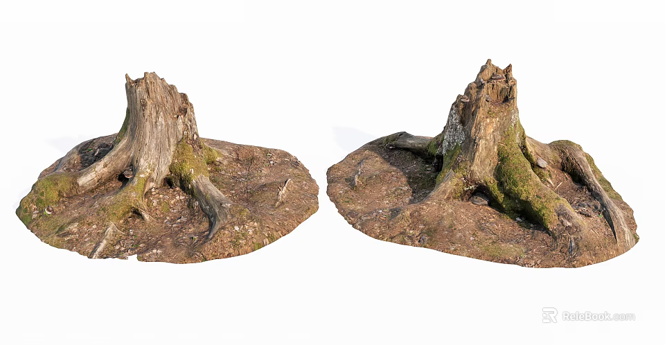 Rustic Stone Wood Tree Stumps With Exposed Roots Green Moss And Natural Stones 3d model 
