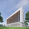 Modern Office Building With Central Badge Large Glass Windows Lawn And Green Trees