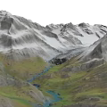 Natural Garden Landscape With Snow Capped Peaks Valley And River