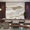 Elegant Modern Chinese Style Clubhouse Lobby With Chandelier Circular Decorative Painting Landscape Backdrop And Sofas