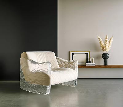Beige Upholstered Single Sofa With Acrylic Frame Modern Living Room Pampas Grass Vase Framed Art 3d model