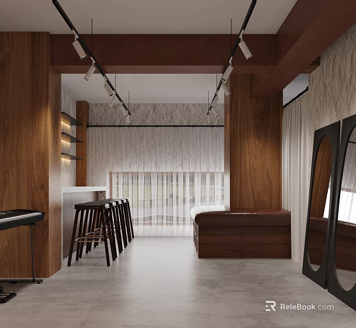 Clothing Store Interior Featuring Wooden Walls Ceiling Bar Stools Sofa Large Mirrors and Modern Lighting 3d model 