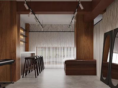 Clothing Store Interior Featuring Wooden Walls Ceiling Bar Stools Sofa Large Mirrors and Modern Lighting 3d model