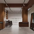 Clothing Store Interior Featuring Wooden Walls Ceiling Bar Stools Sofa Large Mirrors and Modern Lighting