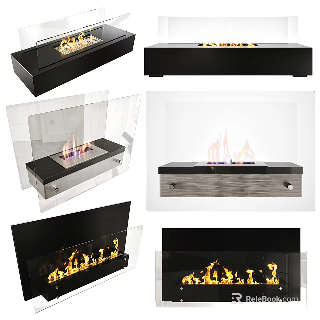 Various Modern Fireplace Styles Featuring Glass Fronts And Burning Flames 3d model