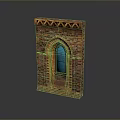 Red Brick Decorative Furniture Piece With Arched Blue Door And Ornate Top