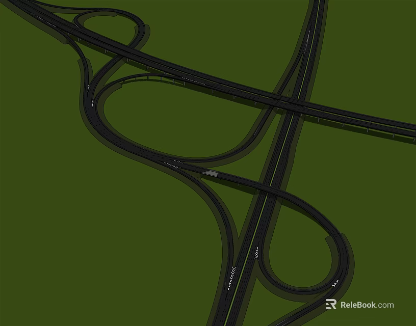 Modern Complex Interchange Bridge With Intertwined Curved Roads And Green Backdrop 3d model 