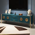 Elegant Blue TV Stand With Gold Circular Accents And Decorative Sculptures Photo Frames