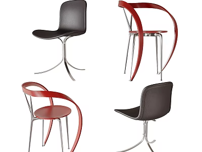 Modern Single Chairs With Curved Design Black Red Leather And Metal Frame For Home Decor 3d model