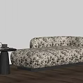Black And White Floral Chaise Lounge With Small Side Table Near Blinds On Wooden Floor