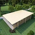 Outdoor Wooden Pavilion With Covered Roof Green Trees Lawn Gray Pavement And Seating