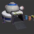 Vibrant Cartoon Scene With Round Spaceship Blue White Top Black Ramp And Colorful Cylindrical Canisters