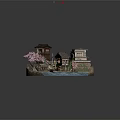 Traditional Japanese Architecture Model Featuring Cherry Blossom Trees Traditional Houses Water Area And Pathway