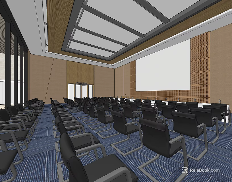 Modern Conference Room Interior With Black Chairs Blue Carpet Projection Screen And Wooden Walls 3d model 